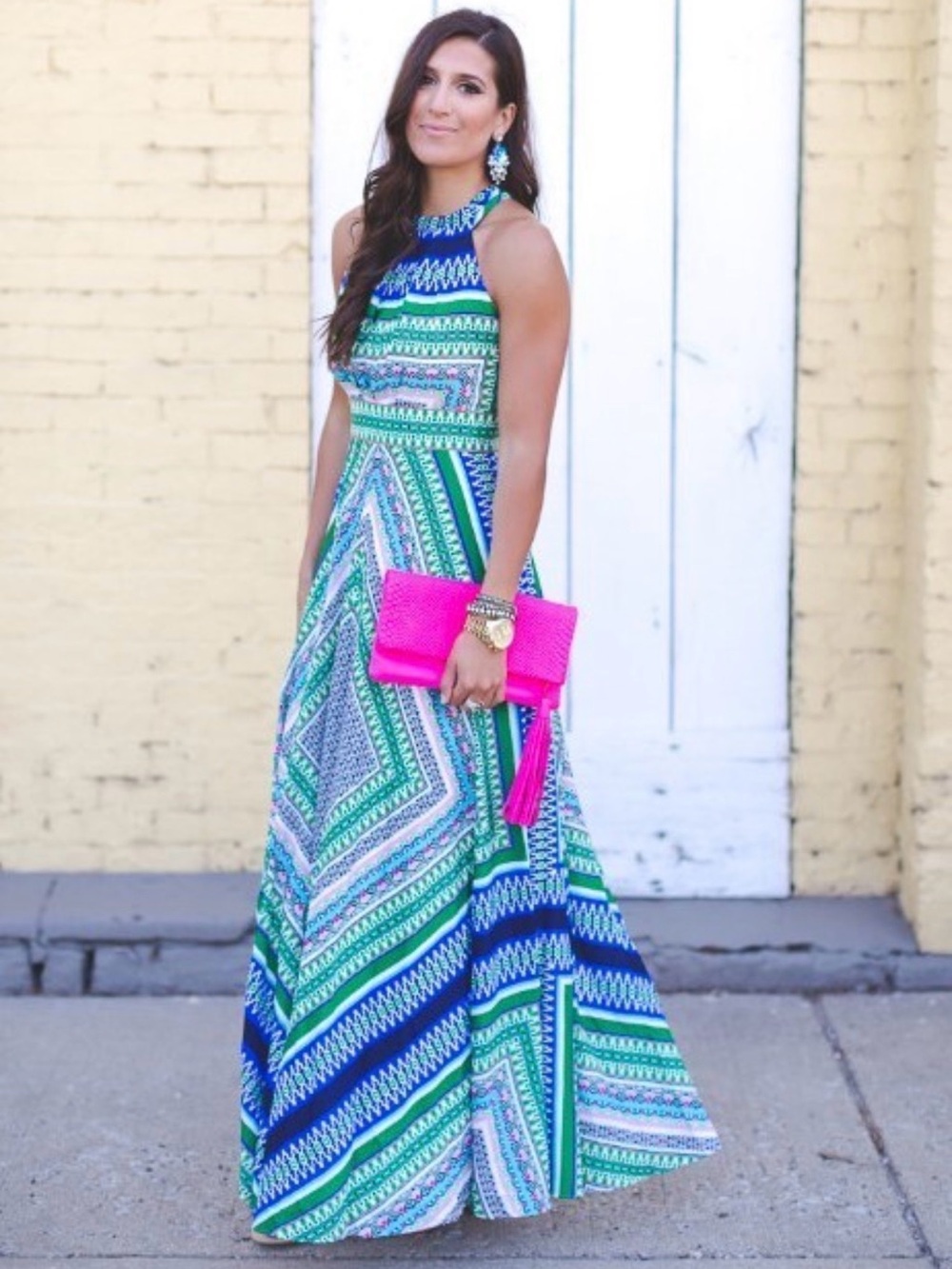 NEW ELIZA J Blue Green Print Bow Scarf Fit Flare Flowy Chiffon HALTER Maxi 14 XL